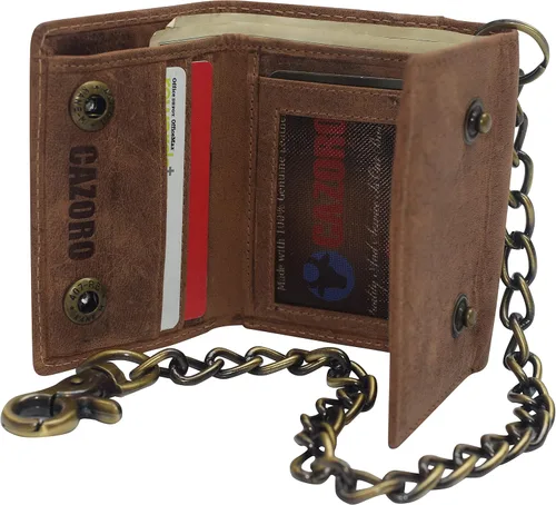 Miniatura 4 de Billetera de cuero vintage con bloqueo RFID para hombre, con cierre a presión, Beige Bronceado, Cartera Biker