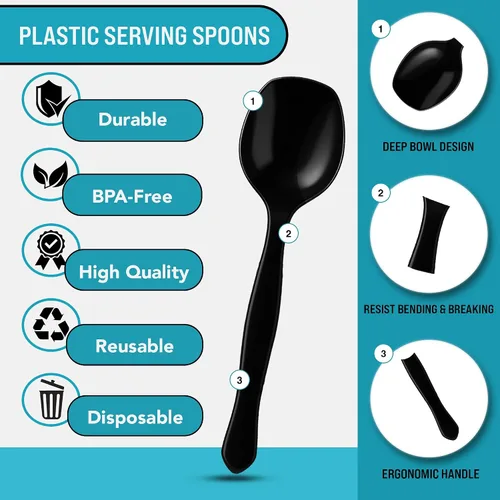 Miniatura 2 de Cucharas de plástico negro de 8.5 pulgadas para bufé, 36 unidades a granel, cuchara desechable resistente, utensilios de plástico grandes