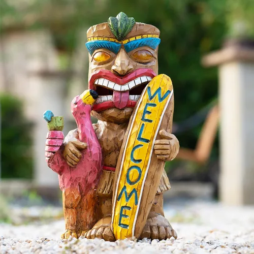 Miniatura 11 de Estatua de Tiki para exteriores con decoración de tortuga, figura de jardín con energía solar, arte Tiki para Tiki bar, patio trasero, jardín