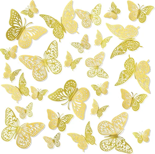 Decoraciones de mariposas, decoración de pared de mariposas doradas 3D, decoración de pastel de cumpleaños, 24 piezas, 3 estilos y tamaños, Oro 3