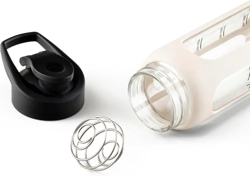 Miniatura 9 de Fitness - Botella mezcladora de proteínas de vidrio de 24 onzas, sin BPA, tapa a prueba de fugas, bola mezcladora de acero inoxidable y funda
