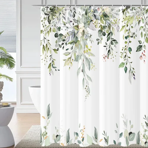 Miniatura 26 de Cortina de ducha de hojas de eucalipto en blanco y negro, hojas de acuarela negras y doradas, cortina de baño con plantas botánicas, tela