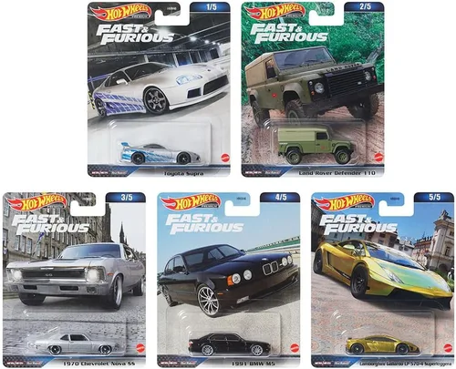 Miniatura 4 de Hot Wheels Fast & Furious Premium - Paquete de 5 unidades 2023 (HNW46‑956D) Toyota Supra, Land Rover Defender, Chevy Nova SS, BMW M5 y Lamborghini