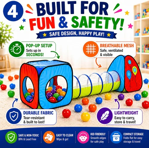 Miniatura 4 de Kiddey - Juego de túnel y alberca de pelotas Tiendas de campaña emergentes de 3 piezas para niños, bebés y niños pequeños, niños y niñas Juego