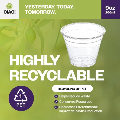 Miniatura 3 de CIAO! Taza de Plástico PET de 9OZ para Bebidas Frías, Ideal para Batidos, Café Helado y Bebidas Frías, 92mm (Caja de 1,000)