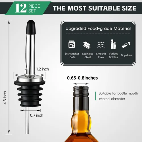 Miniatura 2 de AOZITA - Vertedor de botellas clásico de acero inoxidable, boquilla cónica, Vertedores de licor con tapas de goma para el polvo, Paquete de 12