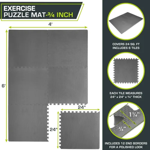 Miniatura 2 de ProsourceFit Alfombrilla de Ejercicio de Rompecabezas Extra Gruesa de ¾" y 1", Baldosas Entrelazadas de Espuma EVA para Suelo de Entrenamiento Gris