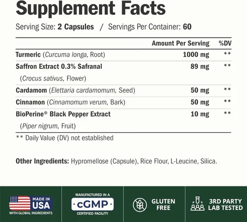 Miniatura 2 de Suplementos de azafrán con curcumina de cúrcuma, extracto de azafrán (89 mg), canela de Ceilán y cardamomo para mujeres y hombres – Suplemento