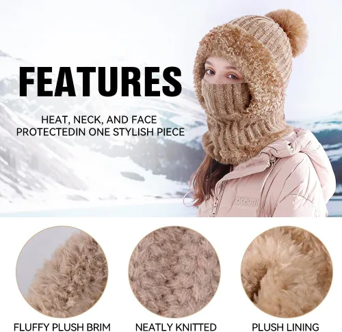 Miniatura 5 de Gorro 3 en 1 para mujer, pasamontañas de invierno con máscara facial, gorro de punto con forro polar con pompones, máscara de esquí resistente al