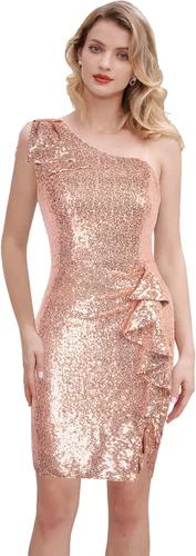 Miniatura 5 de Belle Poque Vestido ajustado de lentejuelas para mujer, vintage, de un hombro, brillante, con flecos, para cóctel, fiesta, club