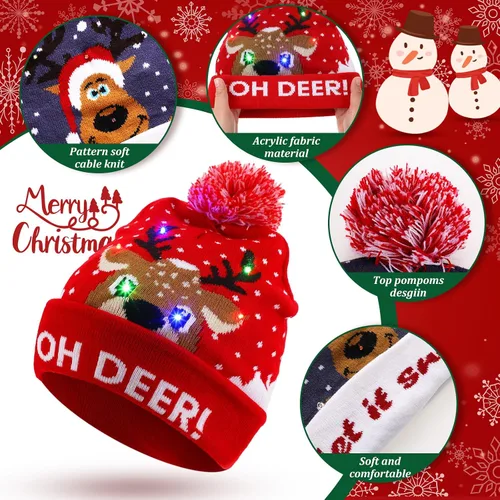 Miniatura 2 de Vicenpal Paquete de 15 gorros de Navidad con luces LED, gorro de punto con luz de Navidad, gorro de suéter de Navidad, suministros de fiesta