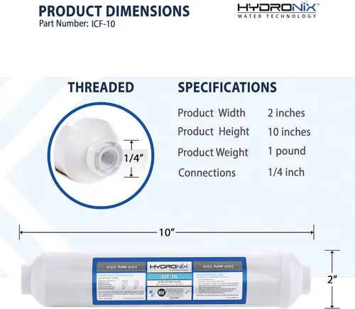 Miniatura 2 de Hydronix ICF-10 Cartucho de repuesto de filtro de agua de carbón posactivado en línea con NPT de 1/4 pulgadas para refrigerador, máquina de hielo