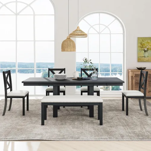 Miniatura 6 de RuiSiSi 6 Piece Solid Wood Dining Table Set, Farmhouse Extendable Kitchen Table with a Bench and 4 Padded Chairs, 4-6 Dining Table Set with Bench