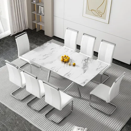 Miniatura 22 de Juego de 8 mesas de comedor de cristal, moderno juego de mesa de comedor de 71 pulgadas con 8 sillas de comedor tapizadas de piel sintética