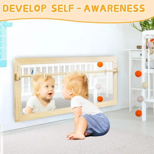 Miniatura 2 de Espejo Montessori con barra, barra de dominadas ajustable de madera para bebé, piso y pared, inastillable, seguridad, coordinación infantil, muebles