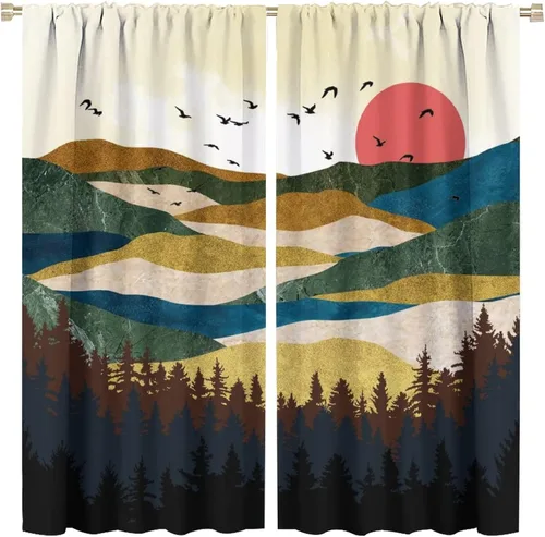 Miniatura 9 de Cortinas opacas con bolsillo para cortinero de montaña forestal, para sala de estar, oscurecimiento de la habitación, estilo japonés, paisaje