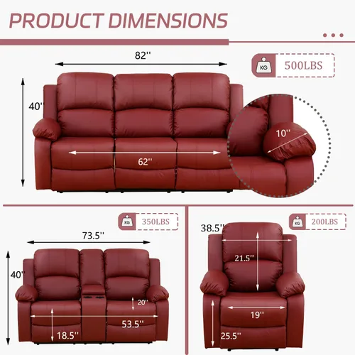 Miniatura 2 de Juego de sofá reclinable manual, muebles de cuero regenerado para sala de estar, sofás reclinables de cuero con portavasos, consola