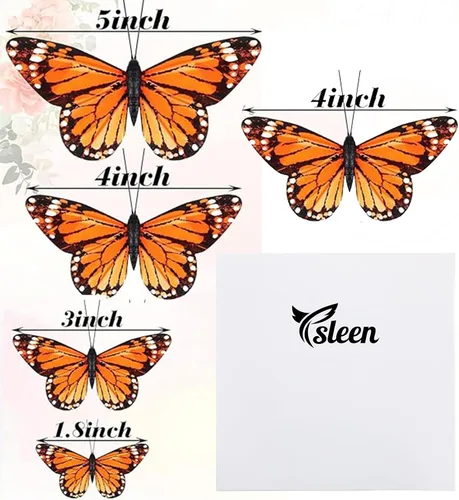 Miniatura 8 de Ysleen 24 piezas de decoración de mariposa monarca de plumas 3D, 4 tamaños, decoraciones de pared de mariposa, calcomanías artificiales falsas