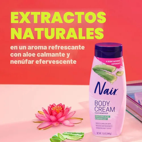 Miniatura 4 de Nair Crema Corporal para Eliminar el Cabello, Aloe Calmante y Lirio de Agua, Crema para Eliminar el Vello Corporal Testada por Dermatólogos