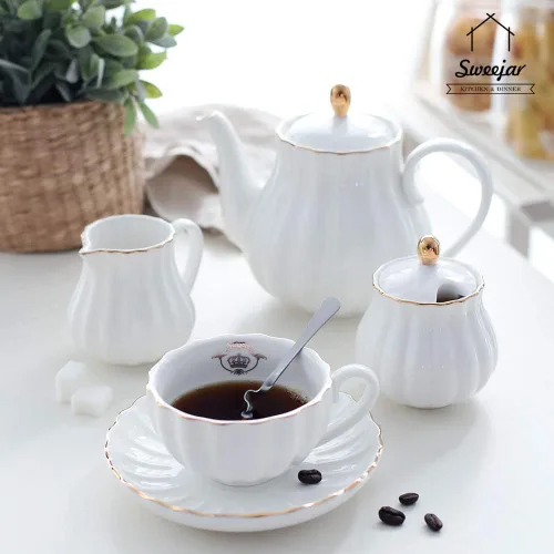 Miniatura 4 de Sweejar Royal Ceramic Teapot & Sugar and Creamer Set (Blanco)