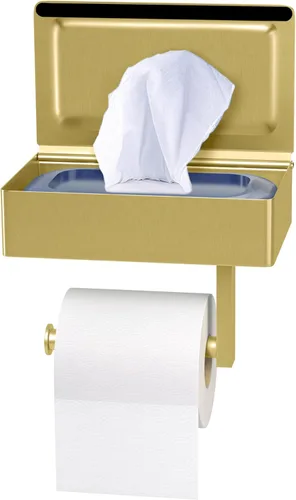 Portarrollos de Papel Higiénico Autoadhesivo para Montaje en Pared con Estante y Almacenamiento de Toallitas – Acero Inoxidable Dorado Cepillado