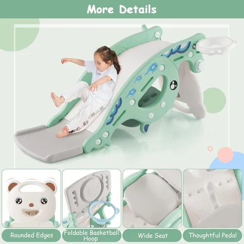 Miniatura 7 de Costzon - Juguetes de deslizamiento para niños pequeños 4 en 1, tobogán para niños con aro de baloncesto y juego de anillos, caballo de madera
