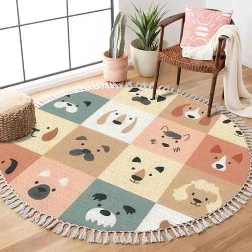 Miniatura 8 de Alfombra redonda bohemia para niños, dibujada a mano sin costuras con arco iris rosa pastel, alfombra de verano para bebé, alfombra de lino