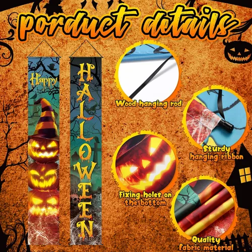Miniatura 3 de Tiamon 2 pancartas para puerta de Halloween, letreros de calabaza malvada y sombreros de bruja para puerta delantera, pared, porche y decoración