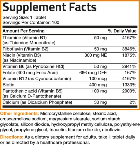 Miniatura 6 de Bronson Complejo de vitamina B (vitamina B1, B2, B3, B6, B9 - ácido fólico, B12), 100 tabletas