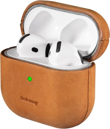 Belemay Funda para AirPods 4, compatible con MagSafe, cuero de caballo loco prémium [estética vintage], pátina rica, agarre cómodo, compatible con