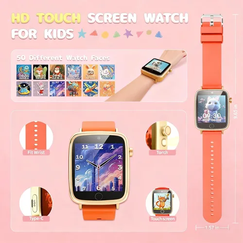 Miniatura 8 de Relojes para niñas de 4 a 12 años, reloj inteligente naranja para niños con cámara, 26 juegos de rompecabezas, reloj despertador, podómetro
