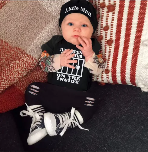 Miniatura 2 de Conjunto de 3 piezas de ropa para bebé y niño, manga de tatuaje, mameluco divertido y pantalones