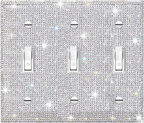 Cubierta de placa de pared con diamantes de imitación plateados brillantes, cubierta de interruptor de luz, cubierta decorativa de 3 bandas, 1 pieza