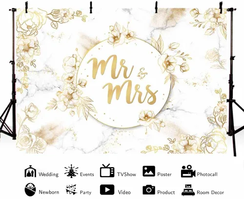 Miniatura 2 de MEHOFOND Telón de fondo abstracto de Mr and Mrs de 7 x 5 pies, arte floral dorado con líneas de purpurina, textura de fondo para fotografía, cartel