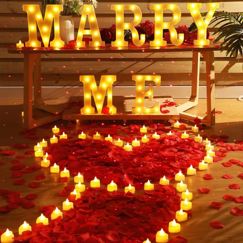 Miniatura 6 de Fumete Luces de Letras "Cásate Conmigo", Luz Nocturna Decorativa con 4000 Piezas de Pétalos de Rosa, 72 Velas Románticas, Alimentación USB para Rojo