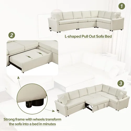 Miniatura 5 de JIVOIT Sofá cama moderno en forma de L con dos almohadas de respaldo, sofá cama modular de 124.8 pulgadas con cama extraíble, sofá modular Beige 052