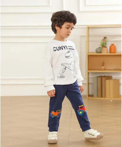 Miniatura 3 de GFQLONG Paquete de 3 pantalones deportivos elásticos con cordón para bebé, de algodón, dinosaurio, con bolsillos
