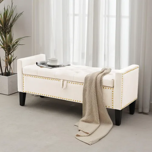 Miniatura 7 de Banco otomano de almacenamiento, reposapiés tapizado de terciopelo para dormitorio y sala de estar, asiento copetudo con almacenamiento, patas