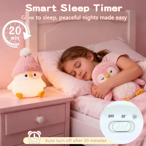 Miniatura 3 de Luz nocturna de silicona de pingüino, bonita lámpara de pingüino rosa con sombrero, luz nocturna de guardería para bebé, recargable/regulable, Bebé