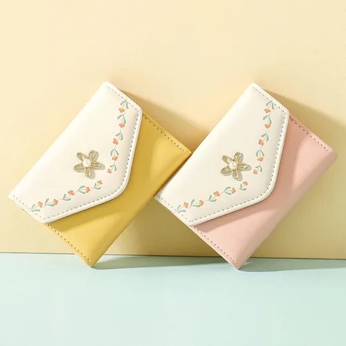 Miniatura 3 de Cartera de piel sintética para mujer y niña, con diseño de flores, de tres pliegues, delgada, pequeña, con tarjetero para dinero en efectivo