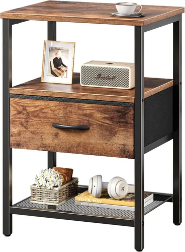 Miniatura 21 de Huuger Mesita de noche con cajón de tela, mesa auxiliar con estante de malla, mesita de noche para dormitorio, cómoda de cajones de tela, estante