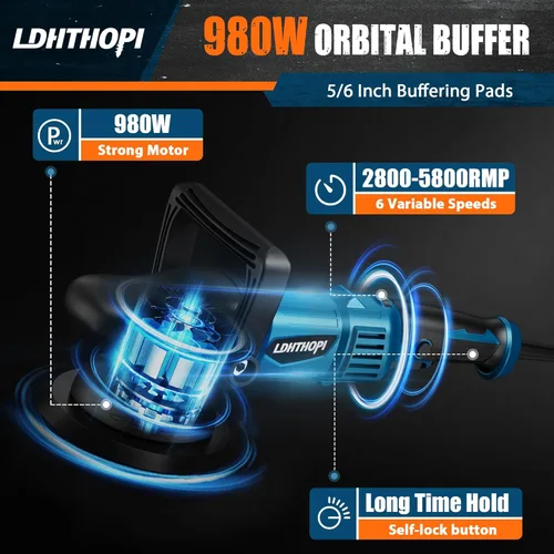 Miniatura 2 de LDHTHOPI Pulidora de doble acción, 980W 5/6 Pulgadas, 9MM, pulidora orbital aleatoria de 980W para detalles de automóviles, 2800-5800RPM, pulidora