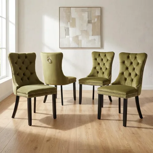 Miniatura 130 de OVENTA Juego de 4 sillas de comedor modernas tapizadas copetudas, terciopelo negro y gris y cuero con patas de madera maciza, sillas de cocina