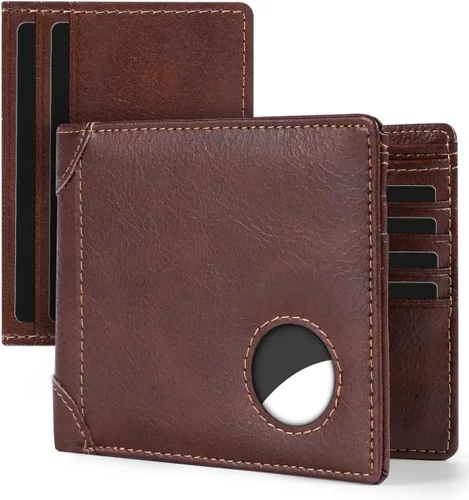 Miniatura 41 de Swallowmall AirTag Billetera para hombre con bloqueo RFID, de piel auténtica, plegable, para AirTag con 1 ventana de identificación, 13 tarjeteros
