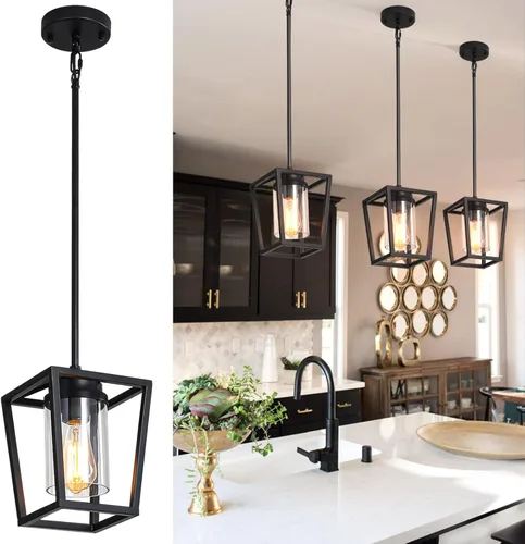 SGLfarmty Luces colgantes negras para isla de cocina, 1 luz moderna de granja, jaula de metal ajustable, lámpara colgante con pantalla de vidrio