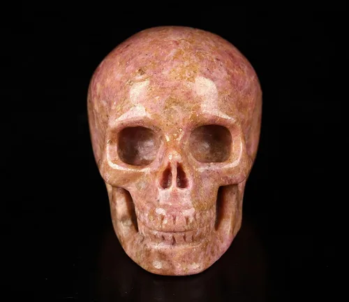 Miniatura 3 de Skullis Calavera de cristal de rodonita rosa y negra, escultura de arte fino de piedras preciosas talladas a mano, estatua de piedra curativa