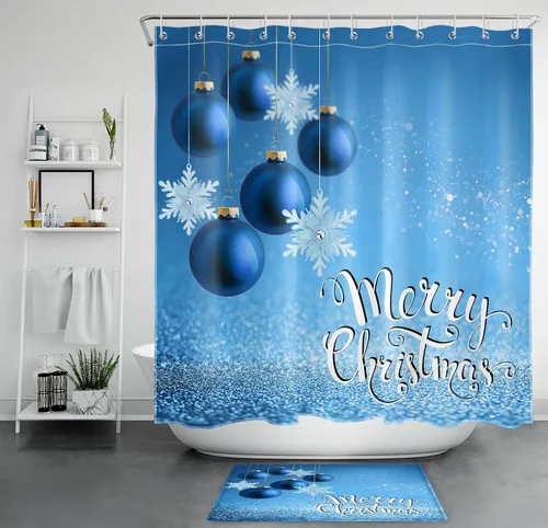 Miniatura 11 de LB Cortina de ducha de Feliz Navidad para baño, bola de Navidad azul marino y cortina de ducha de tela de copo de nieve blanco con ganchos, juego