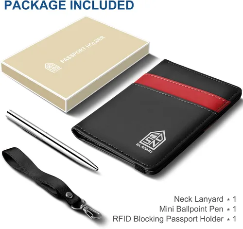 Miniatura 6 de ELASND Soporte para pasaporte para viaje con cordón para el cuello, funda de pasaporte con bolígrafo, cartera de pasaporte con bloqueo RFID