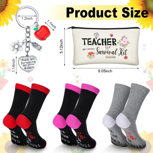Miniatura 2 de Sureio Juego de 9 piezas de regalo de agradecimiento a los profesores, bolsas de supervivencia de flores, calcetines divertidos y llaveros