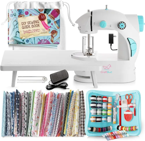 Miniatura 9 de CraftBud Mini máquina de coser para principiantes, máquina de coser portátil de doble velocidad para niños y adultos con mesa de extensión, juego